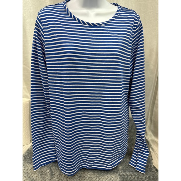 For Cynthia Tops - For Cynthia Womens XL Blue White Striped Long Sleeve Crew Neck Shirt Curved‎ Hem